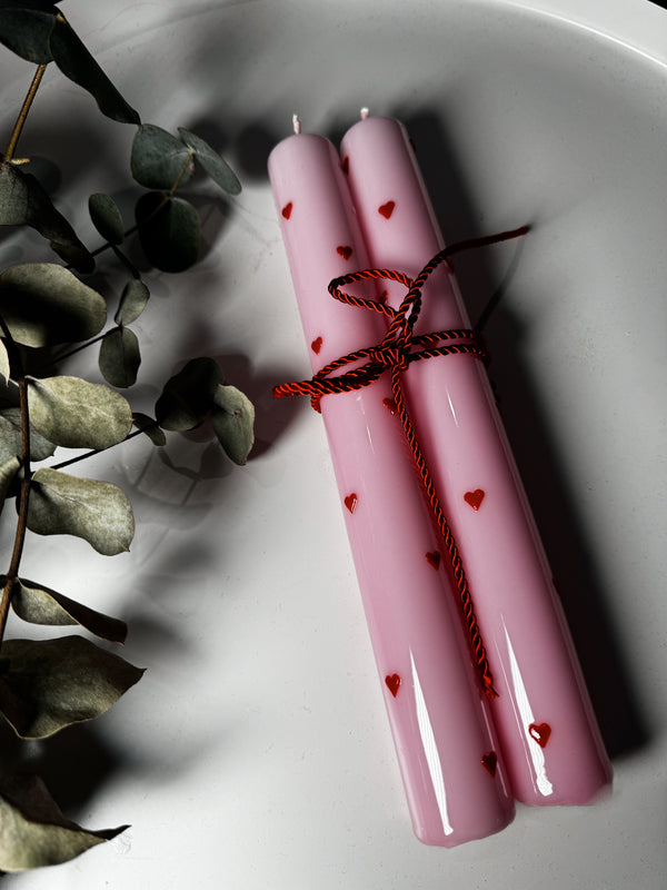 Stabkerzen Herzen 2er Set rosa/rot Glanzlack veredelt