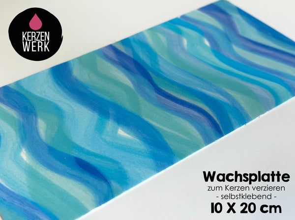 Wachsplatte No.53 Blautöne Wellen Aquarell 20 x 10cm Kerze selber machen