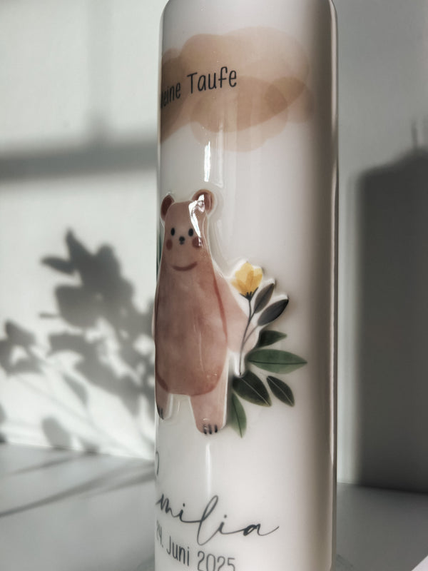 Taufkerze modern Bärchen Boho für Junge und Mädchen Individuell Personalisieren