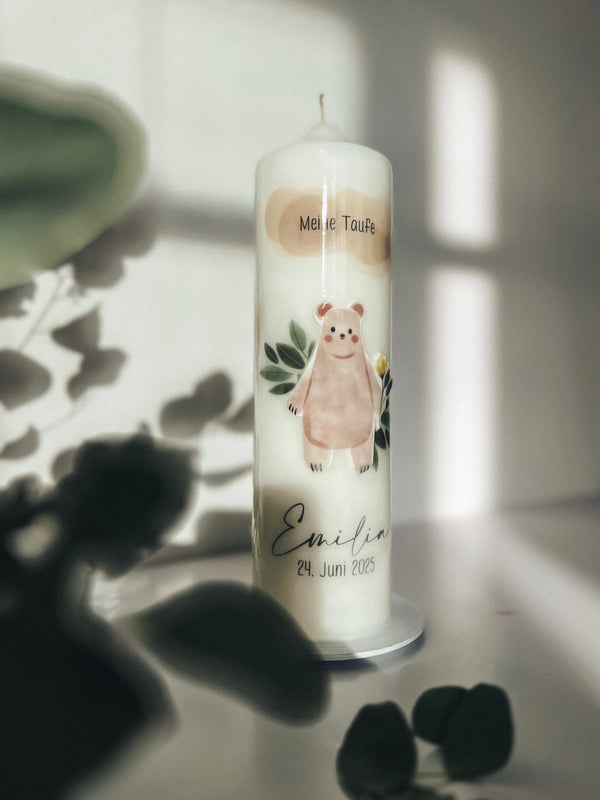 Taufkerze modern Bärchen Boho für Junge und Mädchen Individuell Personalisieren