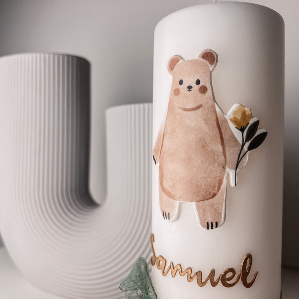 Wachsdekor Bär mit Blume No.1 | Taufkerze, Geburtstagskerze selber machen