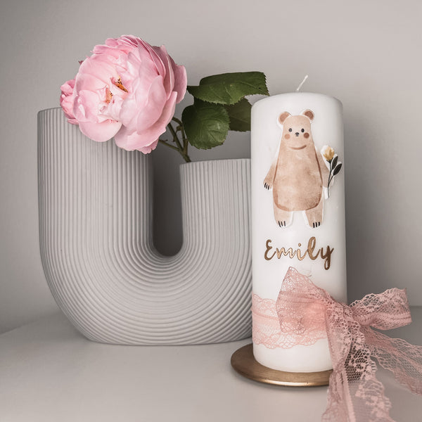 Wachsdekor Bär mit Blume No.1 | Taufkerze, Geburtstagskerze selber machen