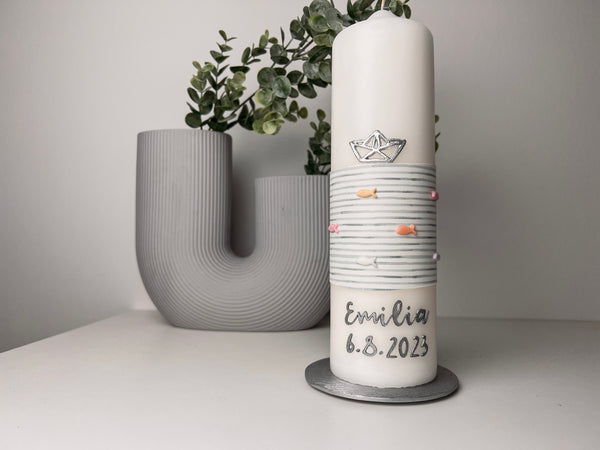 Schiff Papierschiff silber | Wachsdekor No. 18 | Taufkerze selber machen | Kommunionkerze selber machen