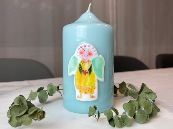 Kerze Schutzengel | türkis + Schutzengel in gelb