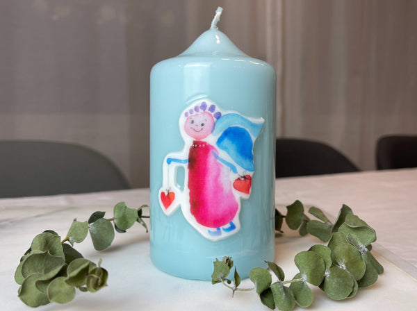 Kerze Schutzengel | türkis + Schutzengel in pink