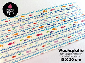 Wachsplatte No.15 Bunt Fische Wellen 20 x 10 cm - Kerze selbst verzieren - Kerze selber machen