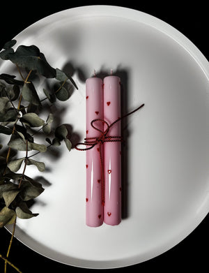 Stabkerzen Herzen 2er Set rosa/rot Glanzlack veredelt