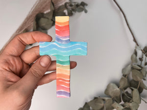 Kreuz Kerze Regenbogen Aquarell bunt | Wachsdekor No. 43 | Taufkerze selber machen | Kommunionkerze selber machen