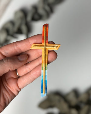Kreuz bunt Regenbogen Gold | Wachsdekor No. 132 | Kommunionkerze selber machen