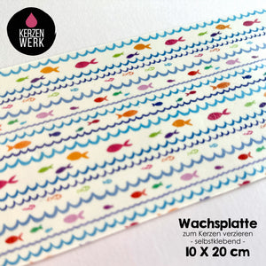 Wachsplatte No.15 Bunt Fische Wellen 20 x 10 cm - Kerze selbst verzieren - Kerze selber machen
